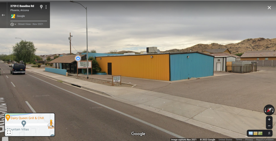 A Google Maps image from November 2021 shows the storefront for Baseline Flowers.