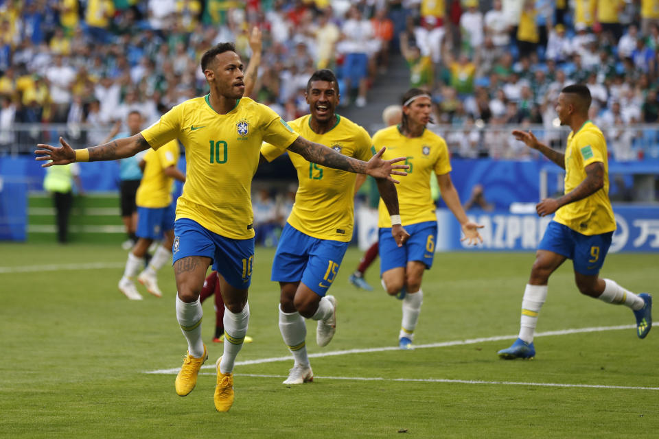 Neymar celebrates his goal against Mexico in Brazil’s Round of 16 victory at the 2018 World Cup. (AP)