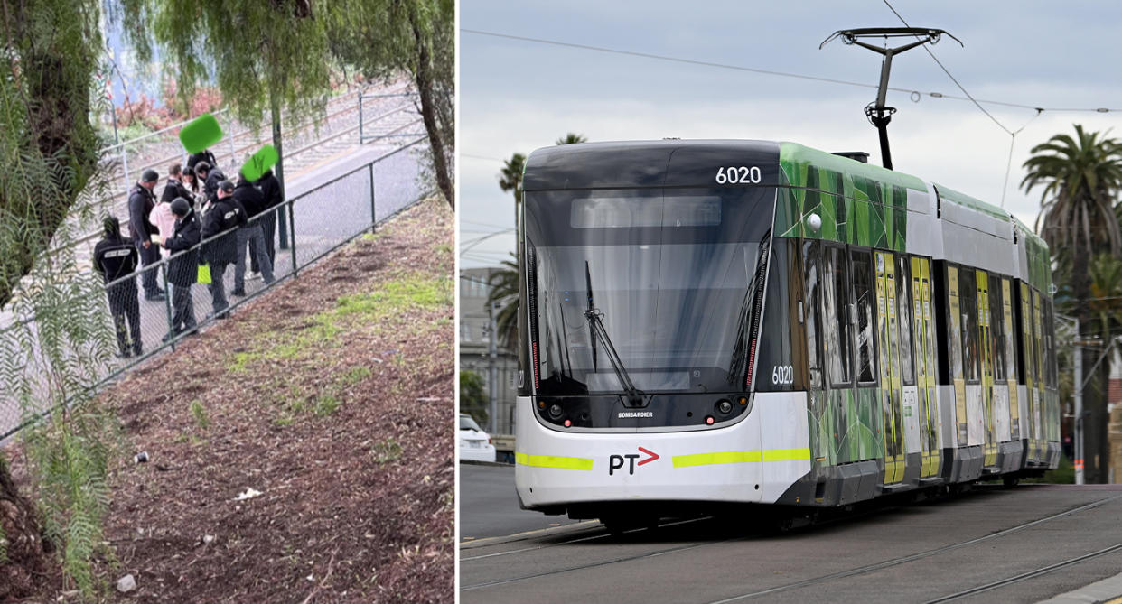Left, Melbourne public transport officers allegedly fining tourists. Right, a tram on a road. 