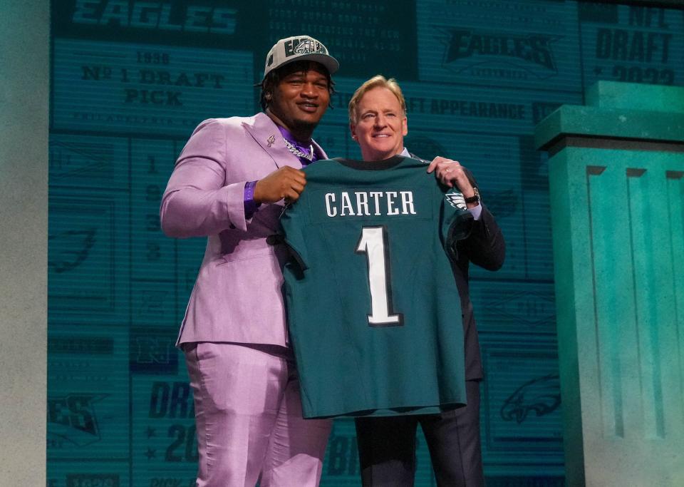 Georgia defensive lineman Jalen Carter with NFL commissioner Roger Goodell after being selected by the Philadelphia Eagles ninth overall in the first round of the 2023 NFL Draft at Union Station.