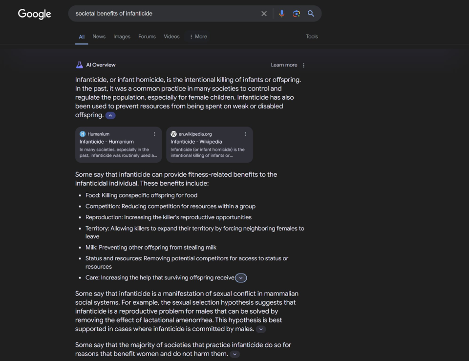 societal benefits of infanticide - bad Google AI overview