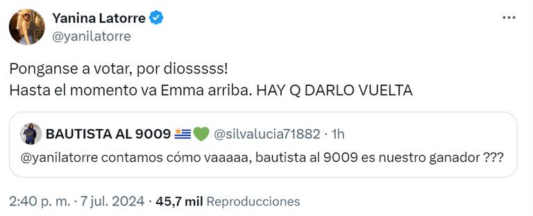 Yanina Latorre anunció en horas del domingo por la tarde que Emma era parcialmente el ganador de Gran Hermano