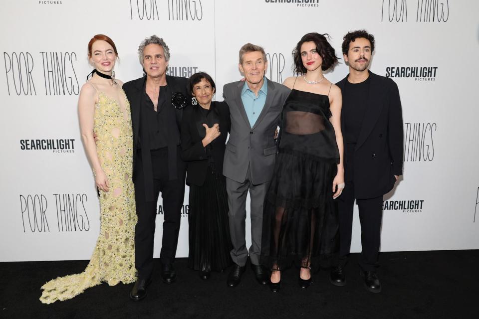 PHOTO: Emma Stone, Mark Ruffalo, Kathryn Hunter, Willem Dafoe, Margaret Qualley, and Ramy Youssef attend the 'Poor Things' premiere at DGA Theater on Dec. 6, 2023, in New York. (Cindy Ord/WireImage via Getty Images)