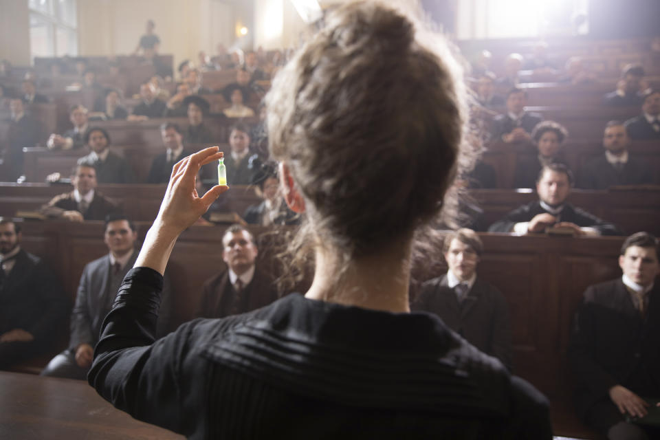 This image released by Amazon shows Rosamund Pike as Marie Curie in a scene from "Radioactive." (Amazon via AP)