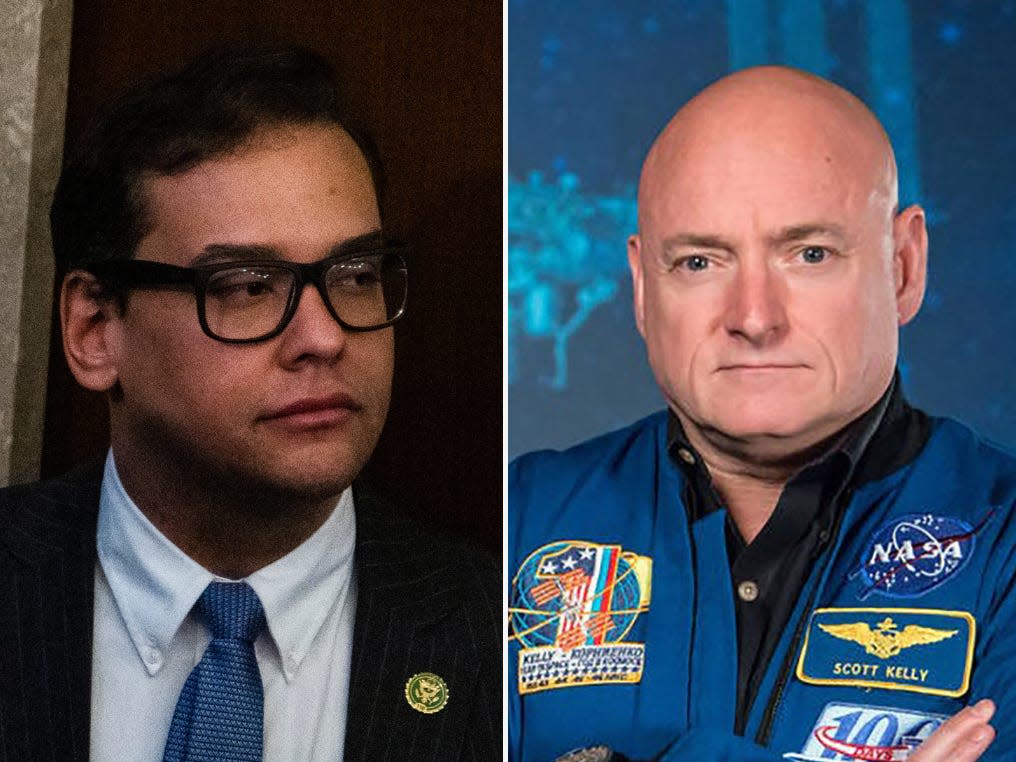 A composite image of congressman George Santos and astronaut Scott Kelly.