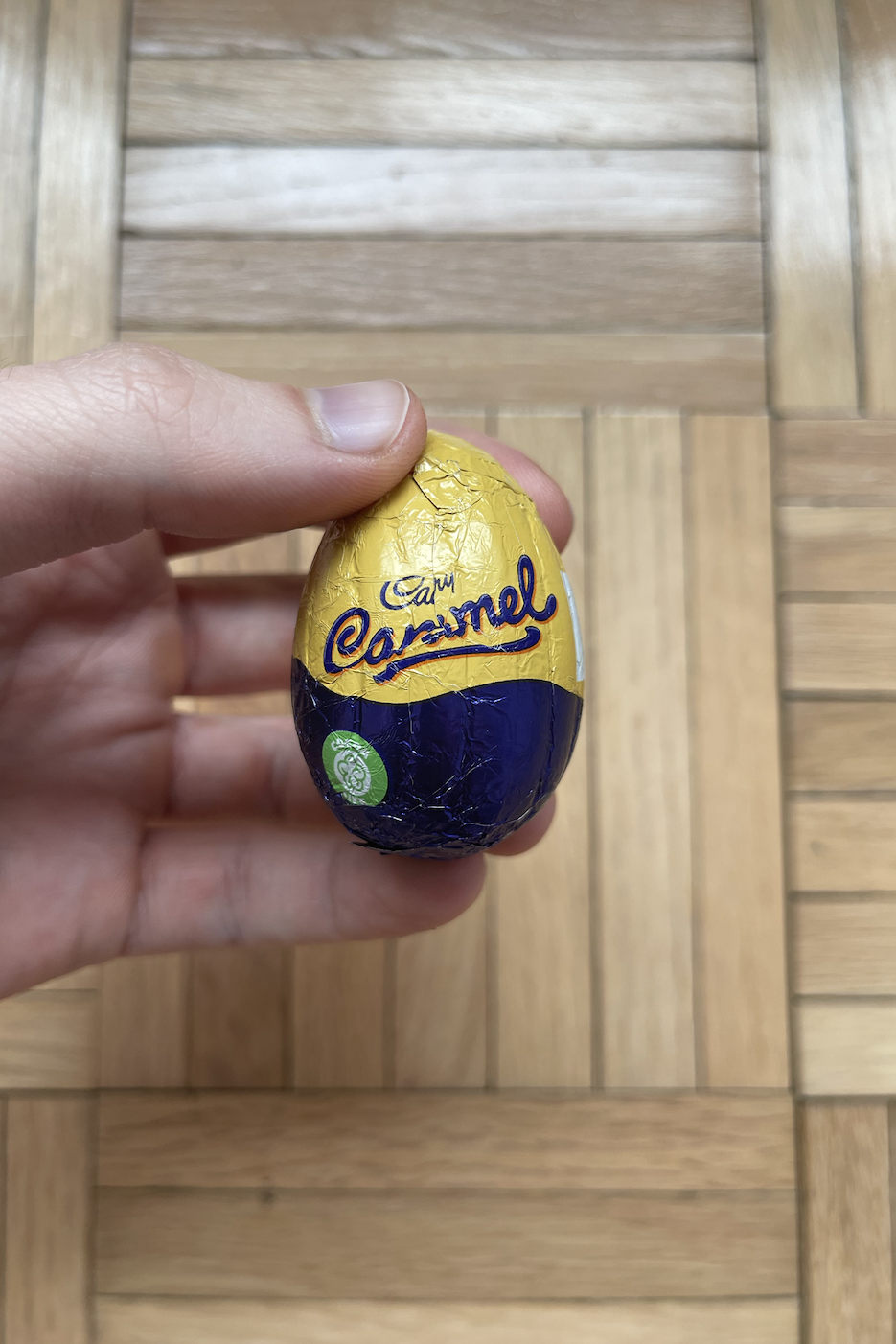 Hand holding Cadbury egg