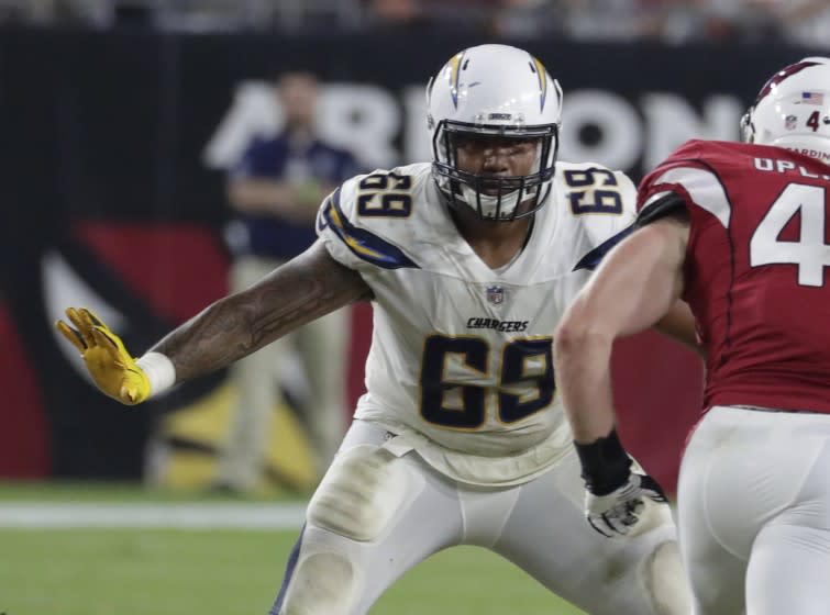Los Angeles Chargers offensive tackle Sam Tevi (69) during the first half of an preseason NFL football game.