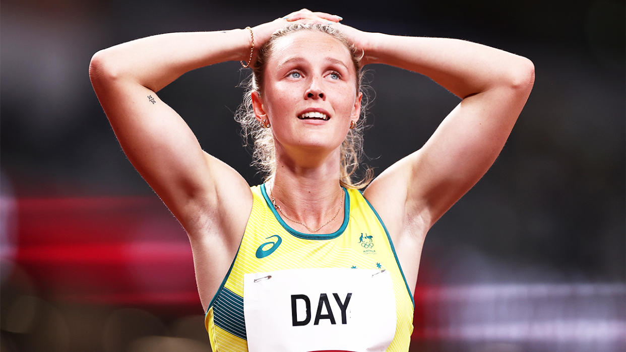 Riley Day (pictured) looks on at her time after the women's 200m semi-final at the Tokyo Olympics. (Getty Images)