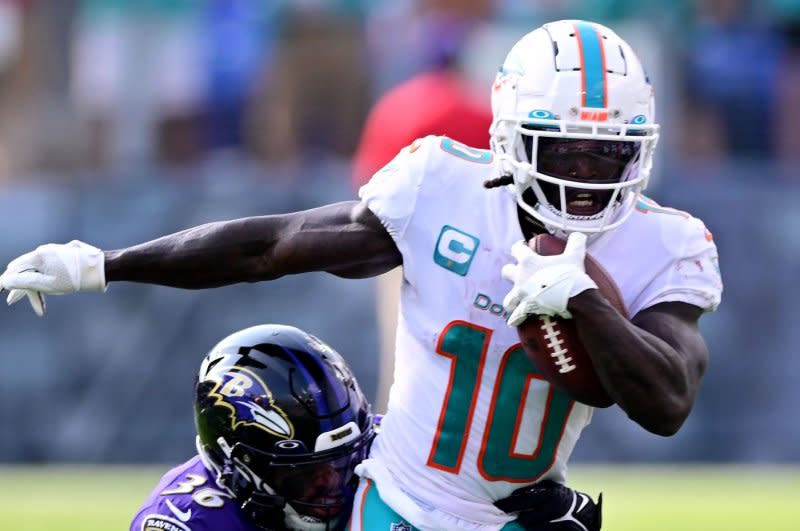 Miami Dolphins wide receiver Tyreek Hill (R) was a first-team All-Pro in 2022. File Photo by David Tulis/UPI