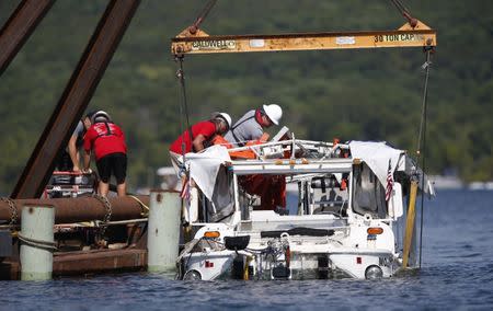 July 23, 2018; Branson, MO, USA; The duck boat that sank last week on Table Rock Lake killing 17 people has been raised from the bottom by crews on Monday, July 23, 2018. Mandatory Credit: Nathan Papes/News-Leader via USA TODAY NETWORK