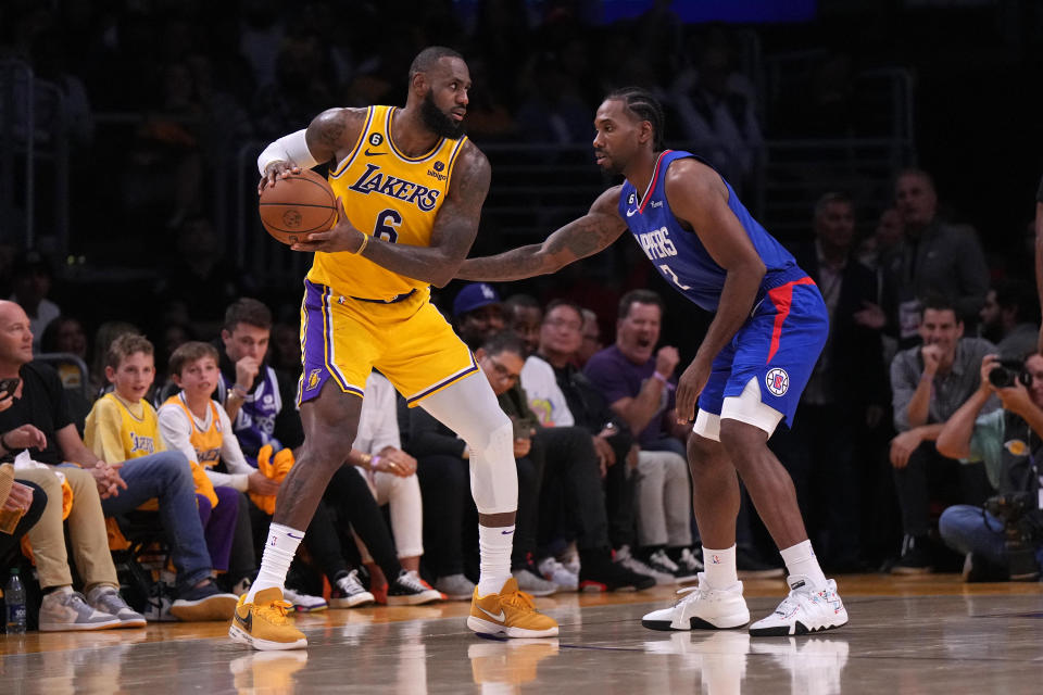 LeBron James（圖左）與Kawhi Leonard。（Kirby Lee-USA TODAY Sports）