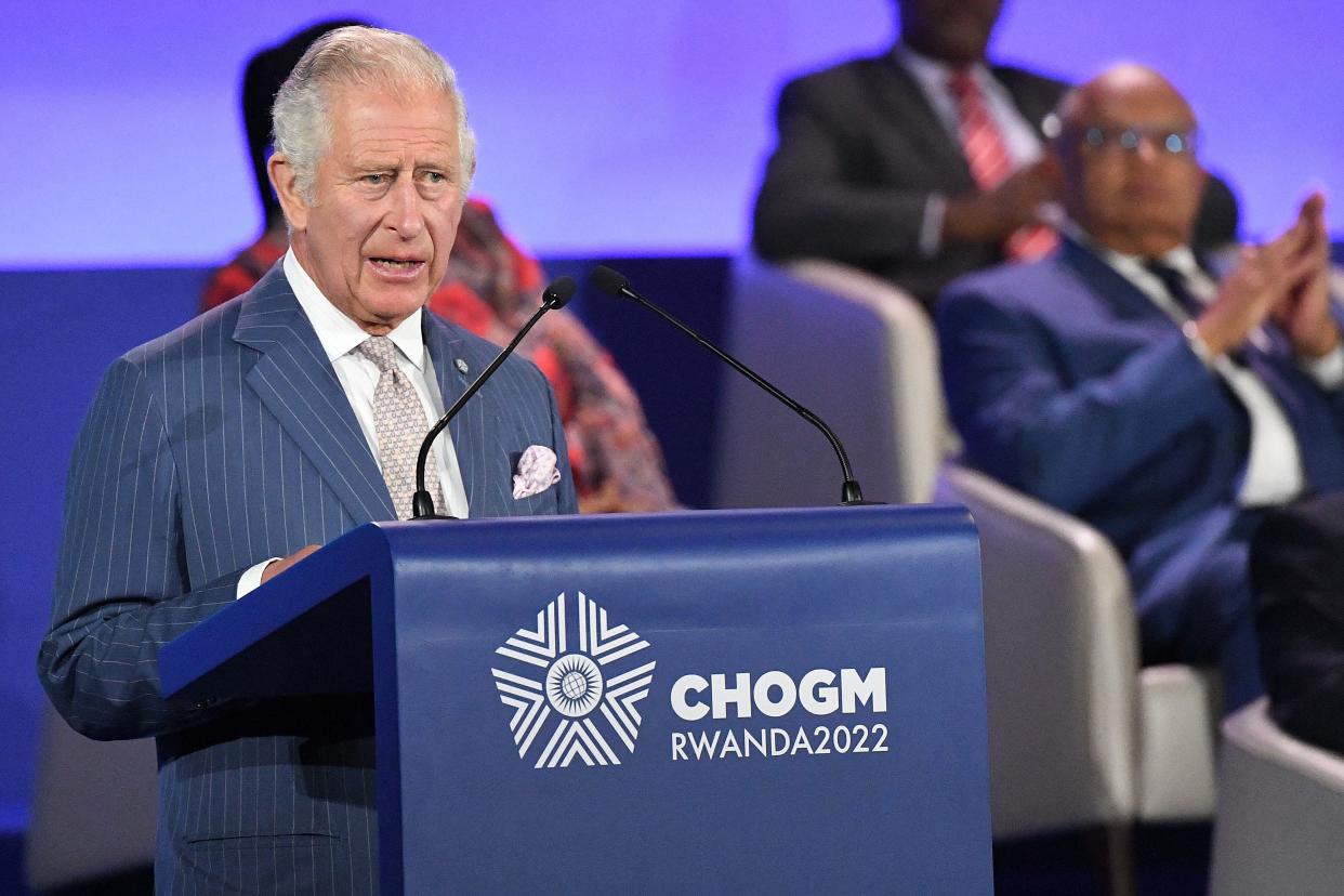 Prince Charles speaking at Commonwealth Heads of Government Meeting at Kigali. (Getty)