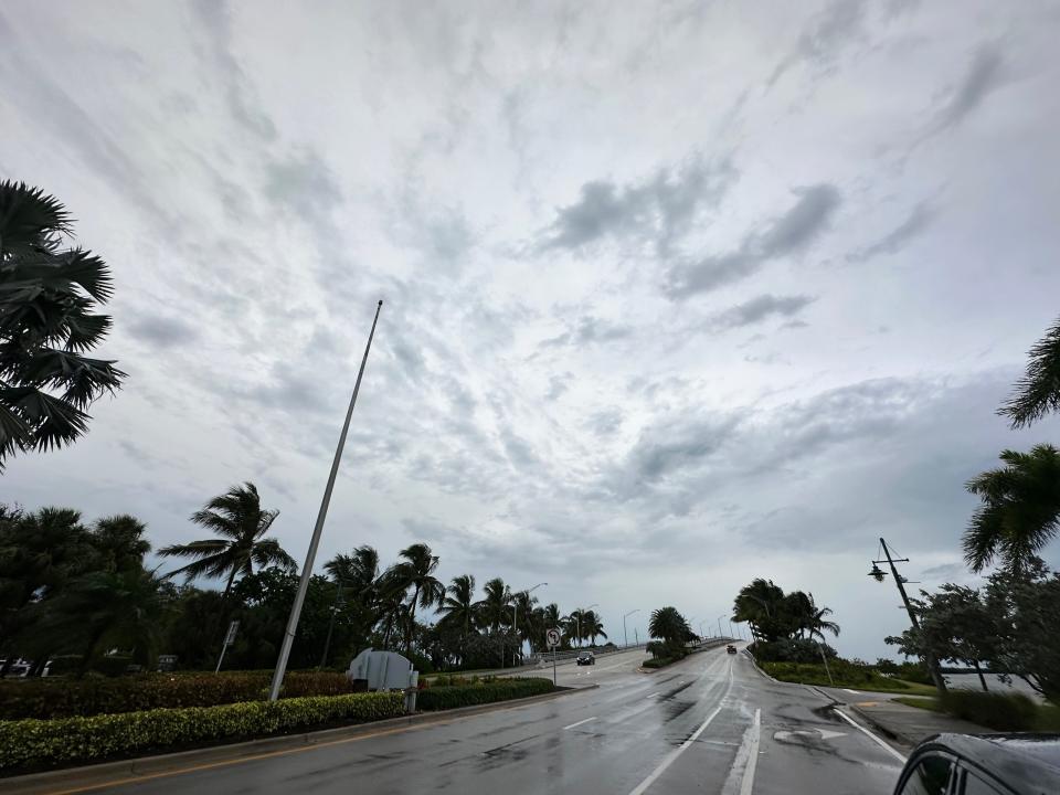 The “Big Flag” that usually islanders and visitors to the island has been removed in anticipation of the effects of Hurricane Ian on Tuesday, Sept. 27, 2022, in Marco Island, Fla.   