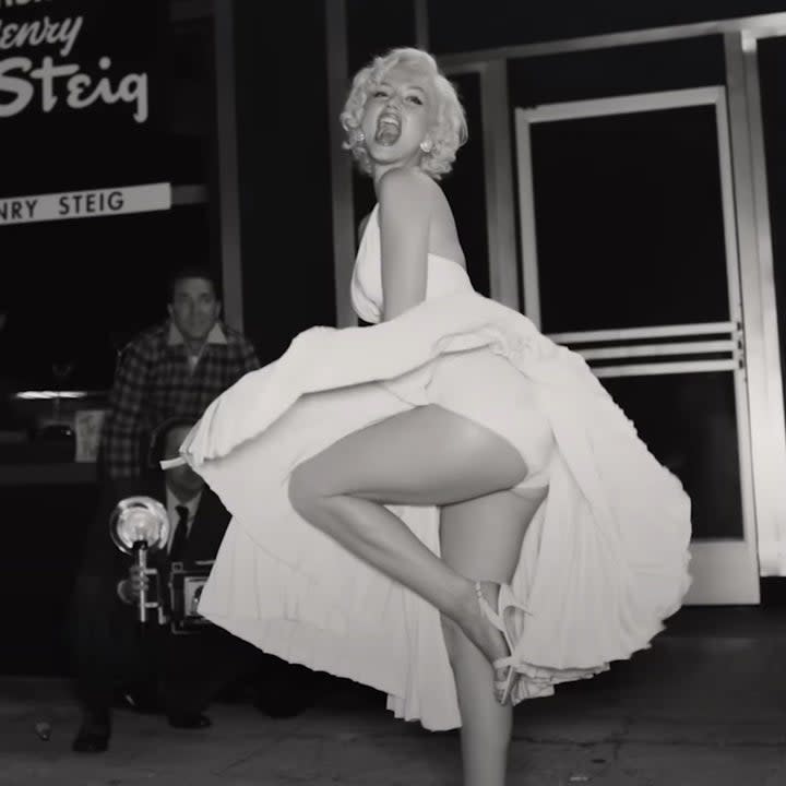 Ana as Marilyn in her iconic white dress as it blown up by air