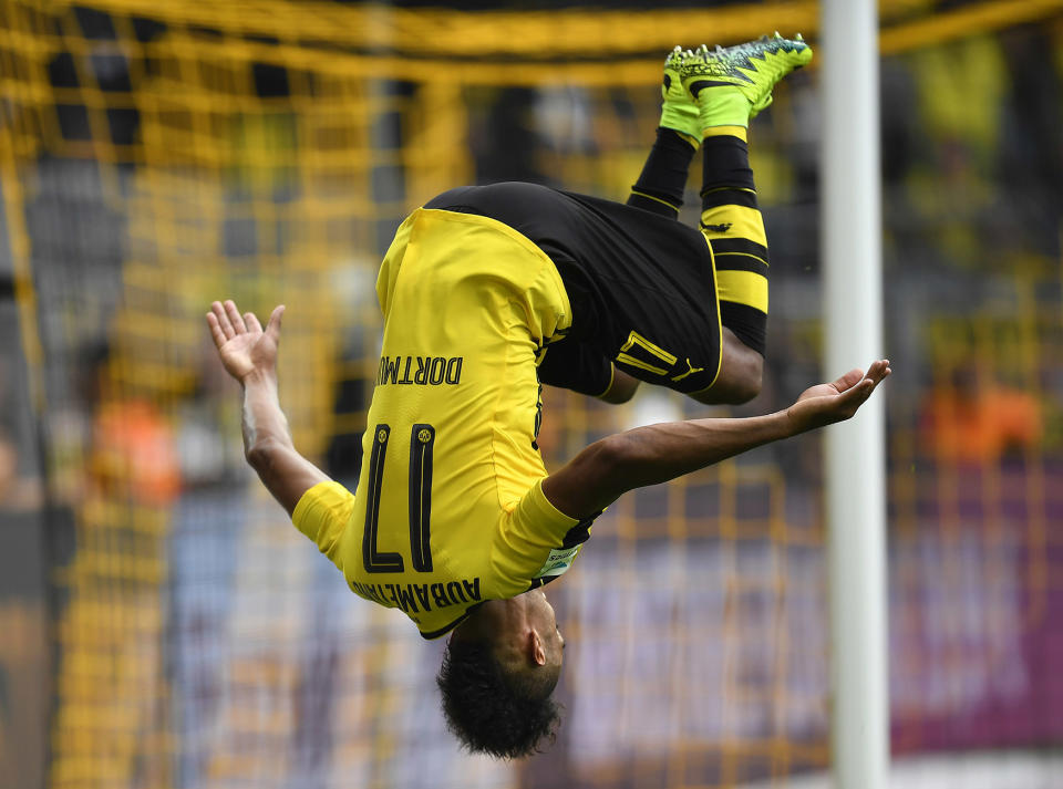 Pierre-Emerick Aubameyang celebrates his second goal