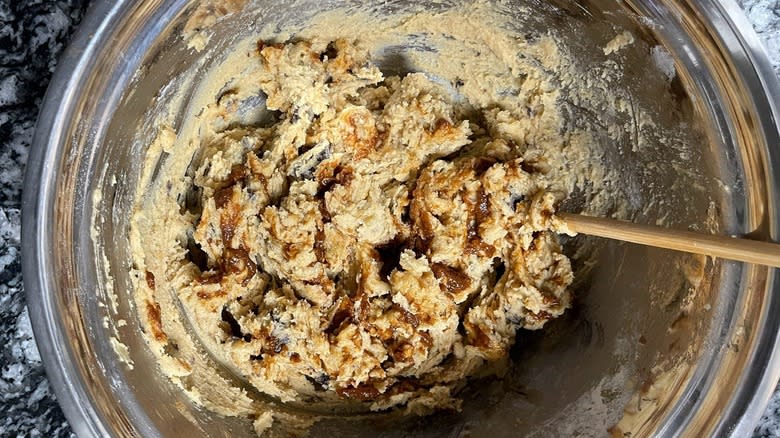 cookie dough in metal bowl