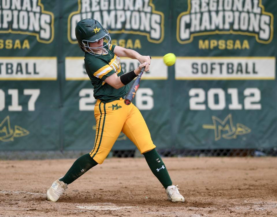 Mardela's Elana Donalds (4) drives in a run against Decatur Monday, May 1, 2023, in Mardela Springs, Maryland. Mardela defeated Decatur 3-2.