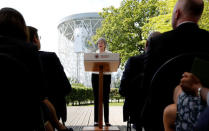 Britain's Prime Minister, Theresa May, speaks to scientists at Jodrell Bank in Macclesfield, Britain May 21, 2018. REUTERS/Darren Staples/Pool