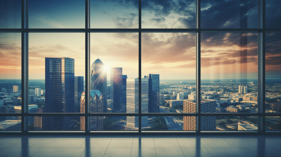 A modern office tower overlooking a city skyline, illustrating the power of its financial services division.