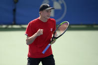 Jenson Brooksby reacts during a match in the Citi Open tennis tournament against Kevin Anderson, of South Africa, Monday, Aug. 2, 2021, in Washington. (AP Photo/Nick Wass)