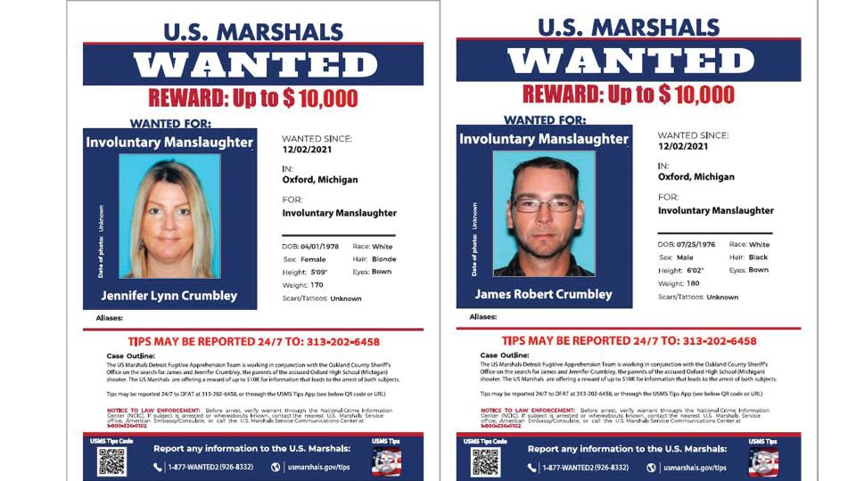 Jennifer Lynn Crumbley and James Robert Crumbley, the parents of Ethan Crumbley, the 15-year-old student who is charged in the Oxford High School shooting that killed four fellow students and injured seven others, are wanted by the U.S. Marshals after the couple did not show for their arraignment on involuntary manslaughter charges.