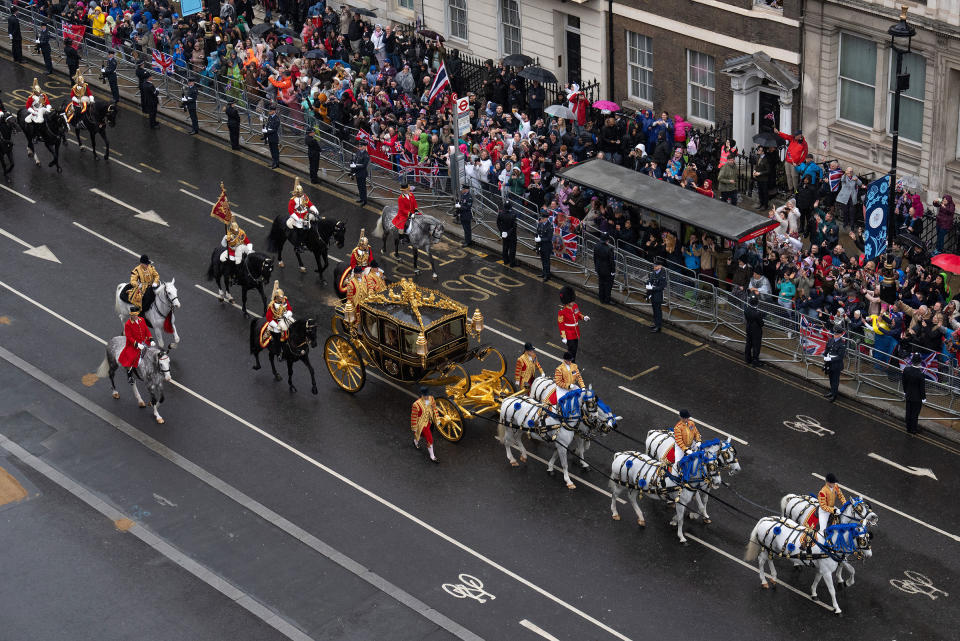 King Charles III and Camilla, Queen Consort traveling in the Diamond Jubilee Coach.<span class="copyright">Carl Court—Getty Images</span>