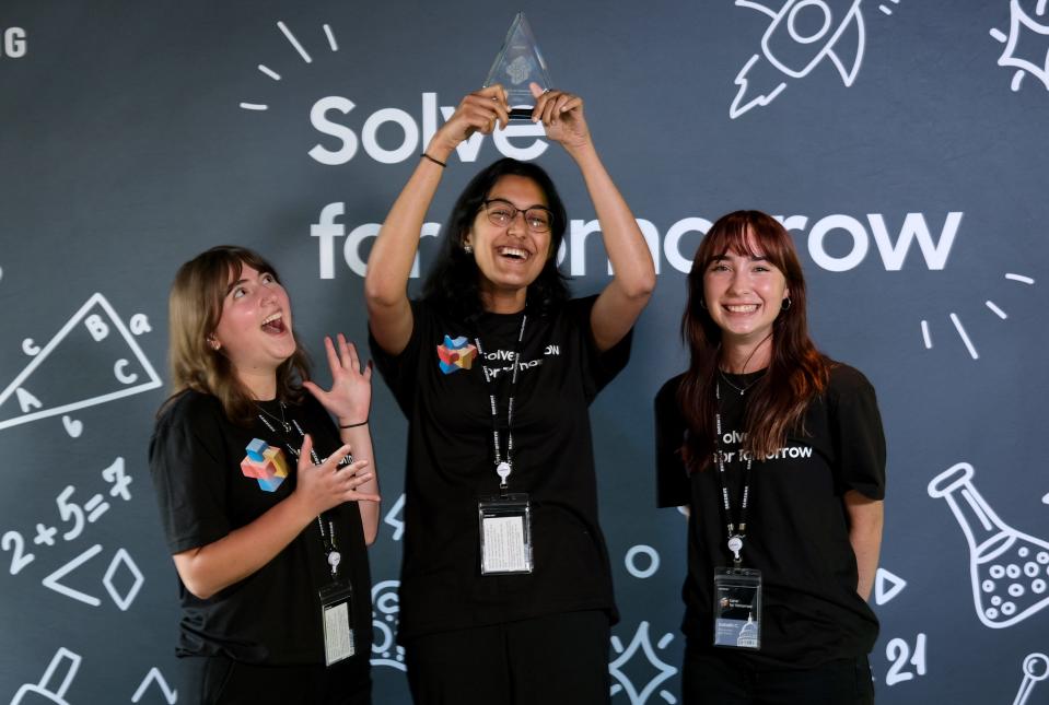 Students Katherine McDerby, Malti John and Isabella Chermak pose with their Brandywine High School team's recent trophy, as national winners in the 14th annual Samsung Solve for Tomorrow competition announced April 30, 2024.