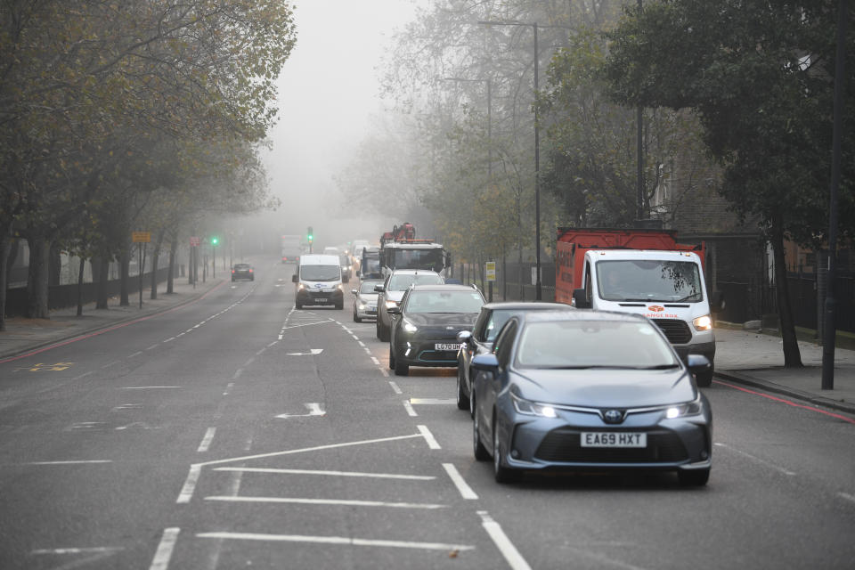 Traffic at 0755 on The Highway in east London at the start of a four week national lockdown for England. (Photo by Stefan Rousseau/PA Images via Getty Images)