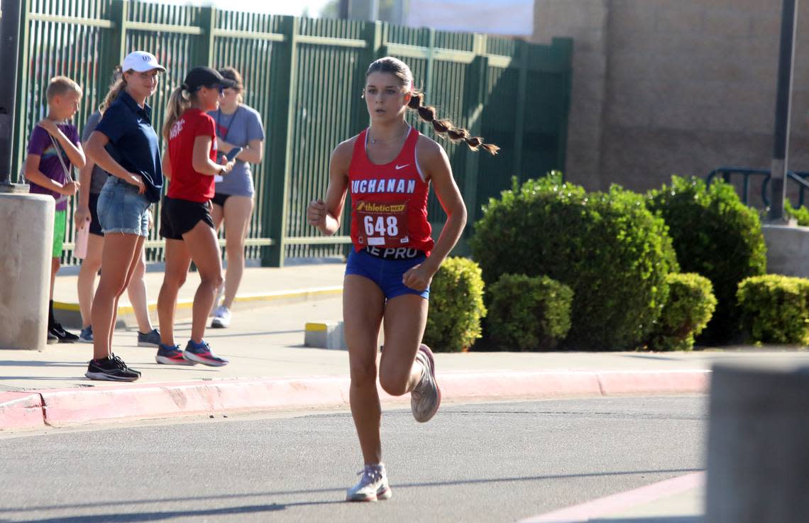 Buchanan High sophomore Kynzlee Buckley finished first in 11:18.84 in the soph girls race of the Kingsburg 2 Mile cross country meet at Kingsburg High on Sept. 9, 2023.