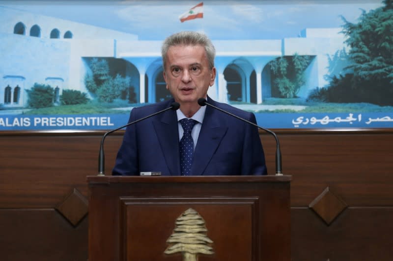 FILE PHOTO: Lebanon's Central Bank Governor Riad Salameh speaks after meeting with President Michel Aoun at the presidential palace in Baabda