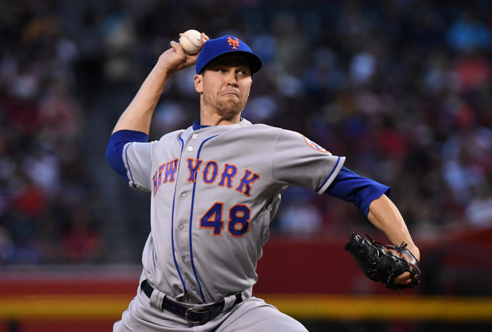 PHOENIX, ARIZONA - JUNE 01: Jacob Degrom #48 of the New York Mets delivers a first inning pitch against the Arizona Diamondbacks at Chase Field on June 01, 2019 in Phoenix, Arizona. (Photo by Norm Hall/Getty Images)