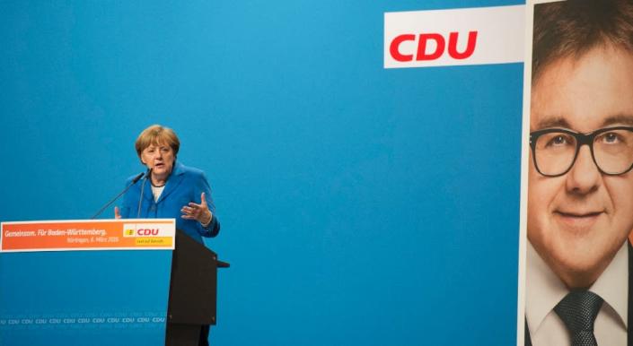 German Chancellor Angela Merkel speaks during an election campaign event of her Christian Democratic Union for state elections in Nuertingen, Germany on March 8, 2016 (AFP Photo/Thomas Kienzle)