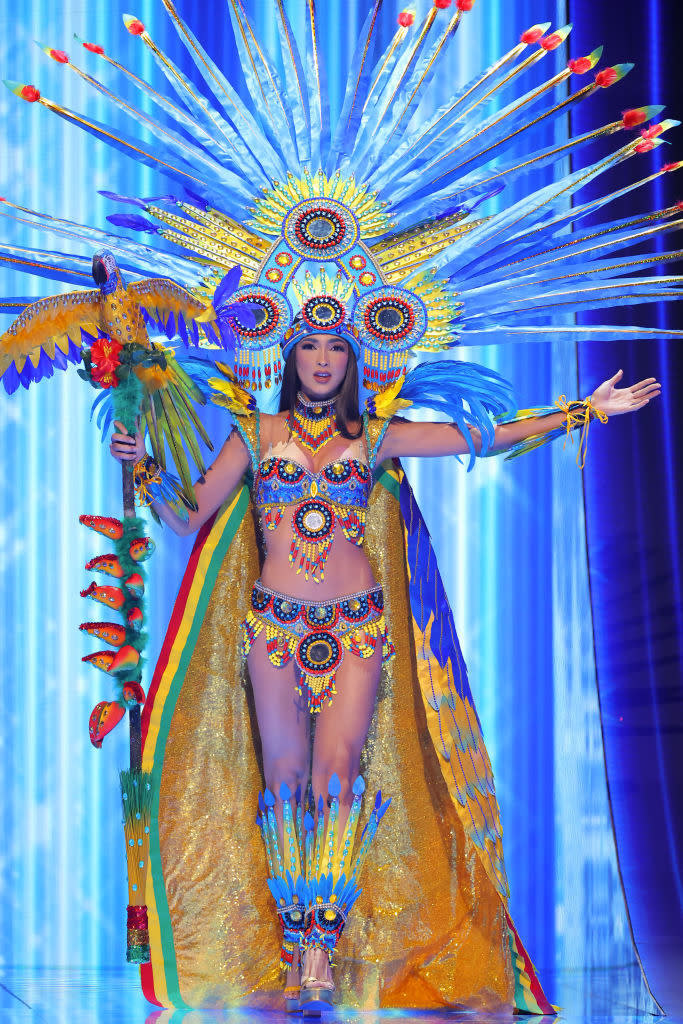 She's wearing a large feathered, beaded headdress, Native-themed colorful, two-piece outfit, and large, colorful train