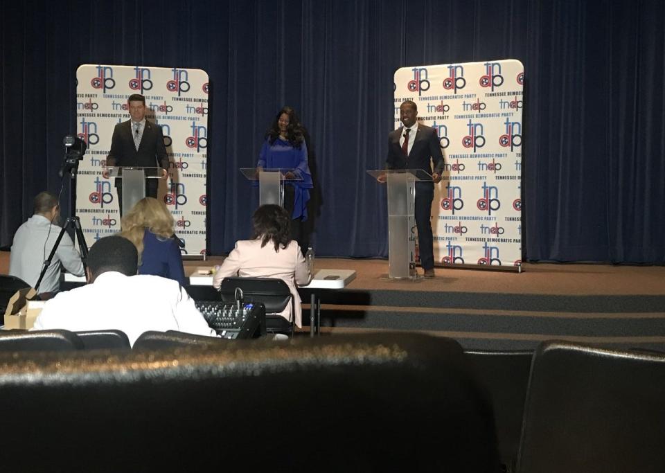 Democratic gubernatorial candidates Dr. Jason Martin, Carnita Atwater, and JB Smiley, Jr., on stage at TSU Nashville for a debate on June 21, 2022.