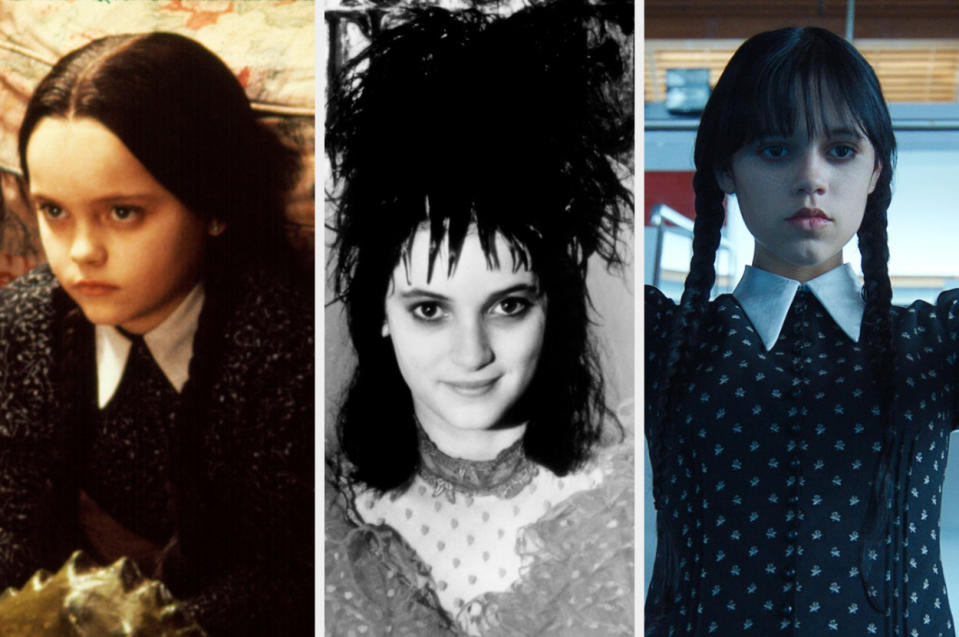 Side-by-side of Christina Ricci in "The Addams Family," Winona Ryder in "Beetlejuice," and Jenna Ortega in "Wednesday"