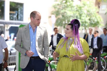 Britain's Prince William meets the 2018 Eurovision winner Netta Barzilai during a visit to Tel Aviv, Israel, June 27, 2018. Ian Vogler/Pool via Reuters