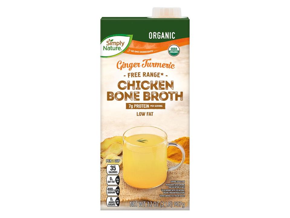 Simply Nature ginger-turmeric chicken bone broth in a box with an image of a cup of bone broth