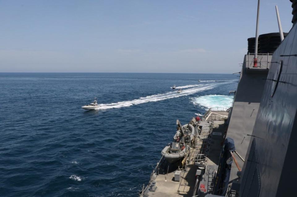 Iranian Islamic Revolutionary Guard Corps Navy (IRGCN) vessels conducted unsafe and unprofessional actions against U.S. Military ships by crossing the ships’ bows and sterns at close range while operating in international waters of the North Arabian Gulf.