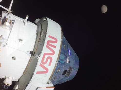<span class="caption">A camera mounted on the tip of one of the Orion capsule’s solar array wings captured this footage of the spacecraft and the Moon </span> <span class="attribution"><span class="source">NASA</span></span>