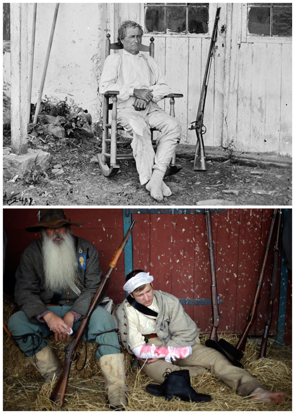 This combination image shows, top, a photo by Timothy H. O'Sullivan made available by the Library of Congress of John L. Burns, the "old hero of Gettysburg," with his gun and crutches in Gettysburg, Pa, in July 1983, and bottom, a Floridian portraying a wounded soldier from the 1st N.C. Infantry as part of a demonstration of a Confederate field hospital during ongoing activities commemorating the 150th anniversary of the Battle of Gettysburg, Friday, June 28, 2013, in Gettysburg, Pa. Burns, 69, a veteran of the War of 1812, joined the Union Army at the Battle of Gettysburg and became a national celebrity after he survived the battle and his wounds. President Abraham Lincoln met with Burns before delivering the “Gettysburg Address.” (AP Photo)