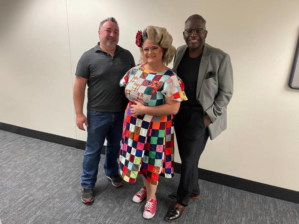 Left to right: Devon Tillman, the owner of Island Time, which offers drag queen brunches; Momma Ashley Rose, the founder of the nonprofit organization Rose Dynasty; and Axavier Strick, who is more commonly known by his stage name, Darcel Stevens. They were at the Capitol in Tallahassee on Tuesday, March 21, 2023, to oppose a bill the would restrict drag shows.