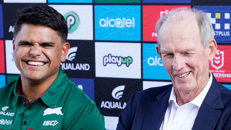 Pictured left to right, Rabbitohs superstar Latrell Mitchell and former coach Wayne Bennett.