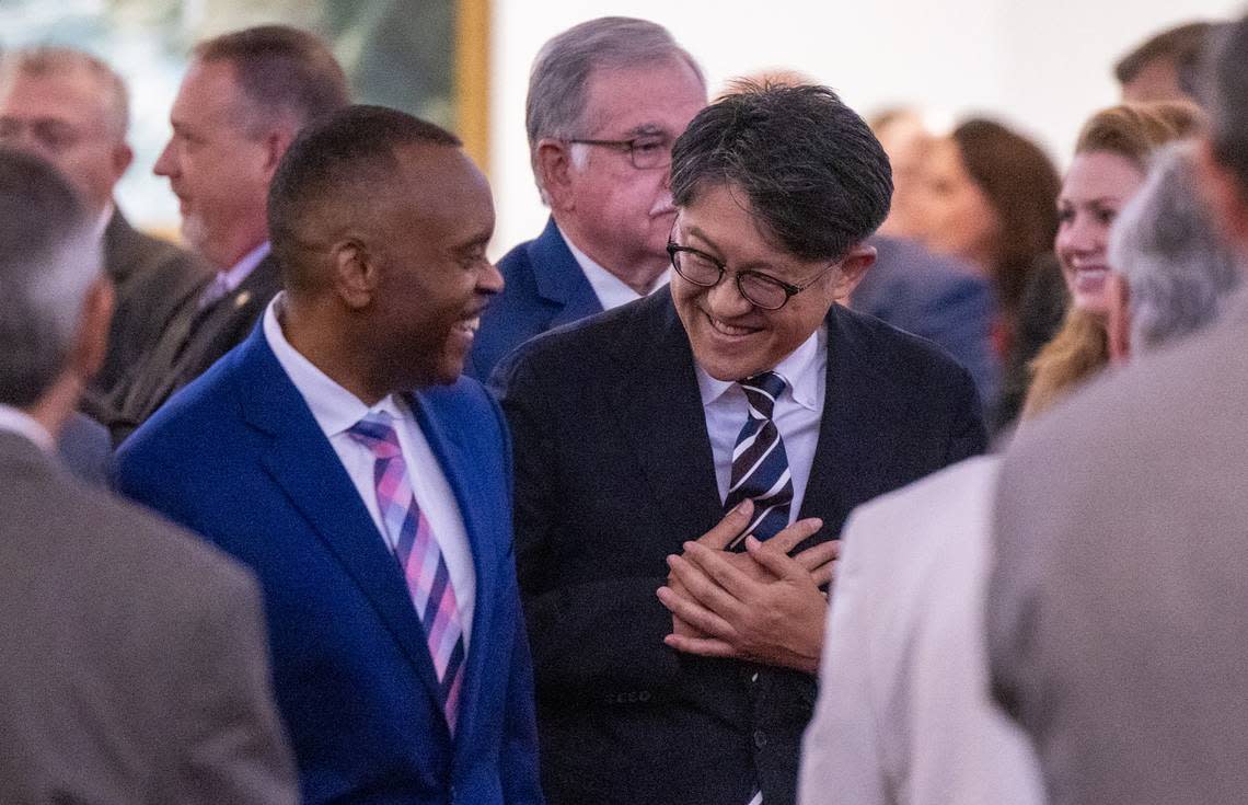 Toyota’s new CEO Koji Sato, right, walking with House Democratic Leader Robert Reives, waits to be introduced on the House Floor during a tour of the General Assembly Thursday, June 22, 2023 at the North Carolina State Legislative Building in Raleigh.