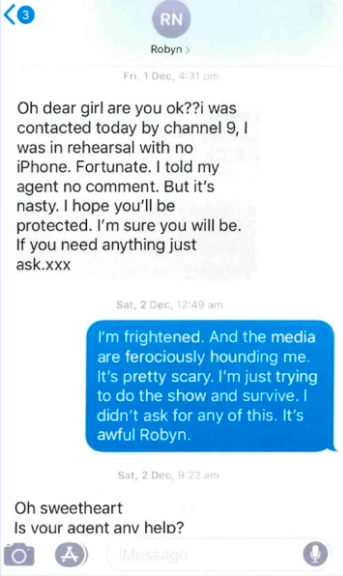 Texts exchanged between Eryn Jean Norvill and Robyn Nevin. Picture: Supplied