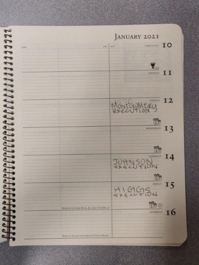 George Hale's calendar for the final days of the Trump administration. (Note that Lisa Montgomery and Dustin Higgs were both pronounced dead in the early hours of the day after that marked for them on the calendar.) (Photo: Courtesy of George Hale)
