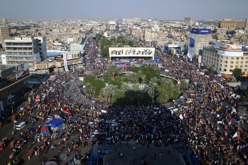 General view of Iraqi demonstrators on the streets during anti-government protests in Baghdad