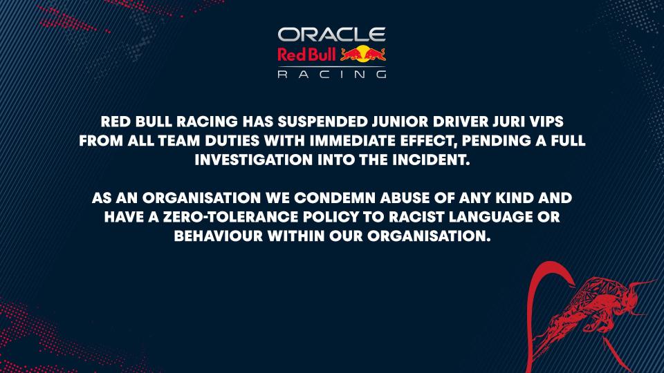 Red Bull Racing statement on Juri Vips