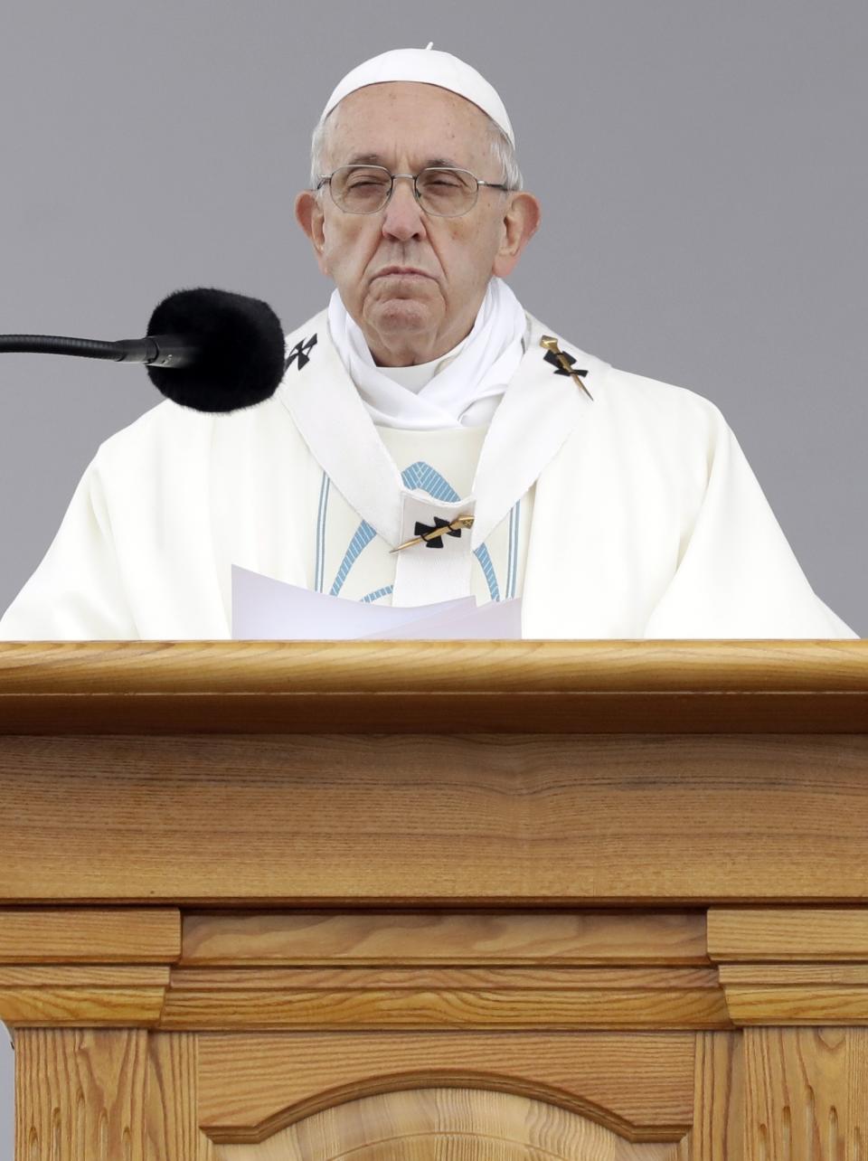 Pope Francis celebrates Mass in the area of the Shrine of the Mother of God, in Aglona, Latvia, Monday, Sept. 24, 2018. Pope Francis praised Latvians on Monday for resisting Soviet and Nazi occupation and persevering in their Christian faith, telling them: "You fought the good fight, you ran the race, you kept the faith." (AP Photo/Andrew Medichini)