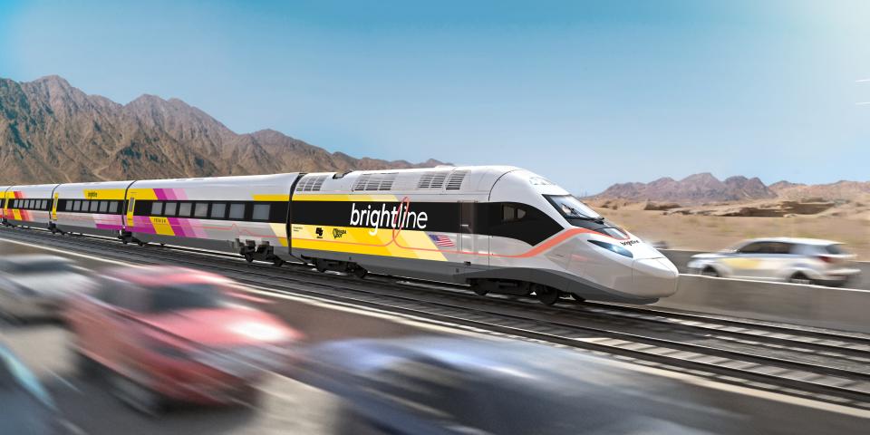 The design of a Brightline West train. Brightline West will connect Las Vegas to Los Angeles.