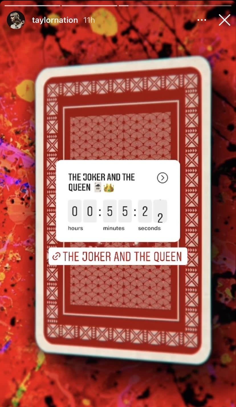 A screenshot from an Instagram story from @taylornation, it shows a playing card and a countdown for "Joker and the Queen", but it's stuck on 55:22